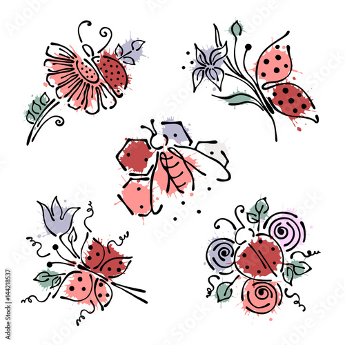 Set of vector illustrations of insect. Ladybug, butterfly, bee, apis, petal, flowers, leaves on the white background. Hand drawn contour lines and strokes with splash, drops, spot. © Valentain Jevee
