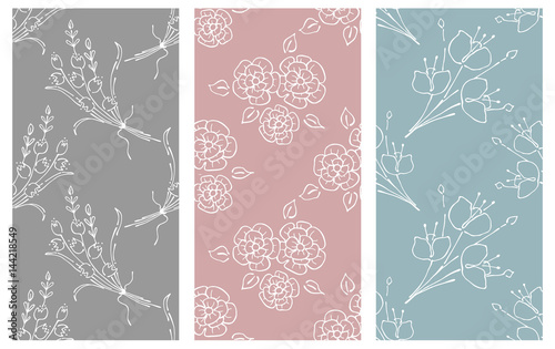 Vector set of floral illustration. Pastel seamless patterns with bouquet with flowers, leaves, decorative elements. Hand drawn contour lines and strokes. Doodle style, graphic illustration