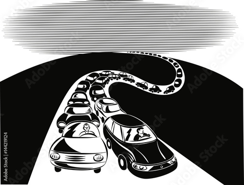 Road with a long queue of cars.