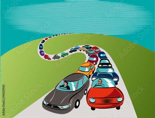 Road with a long queue of cars.
