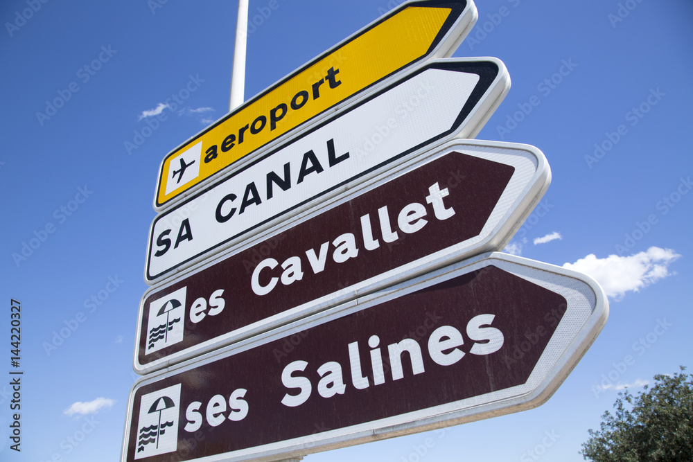 Fototapeta premium Cavallet and Salines Beaches Direction Sign, Ibiza