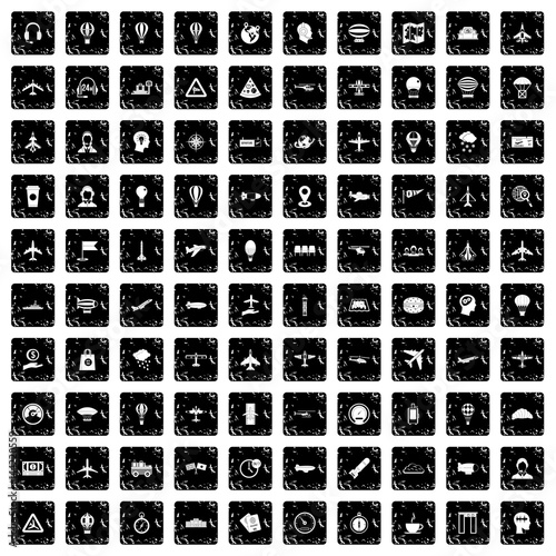 100 aviation icons set, grunge style
