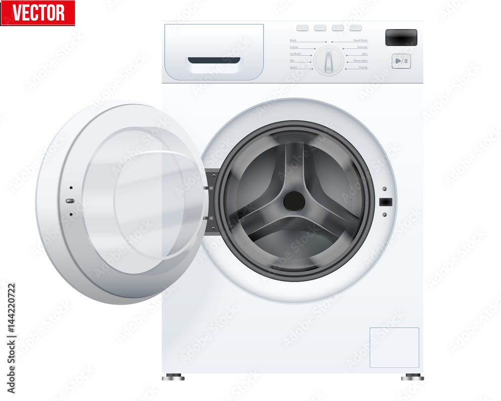 Classic White Washing machine with opened door. Household appliances. Vector Illustration isolated on background.