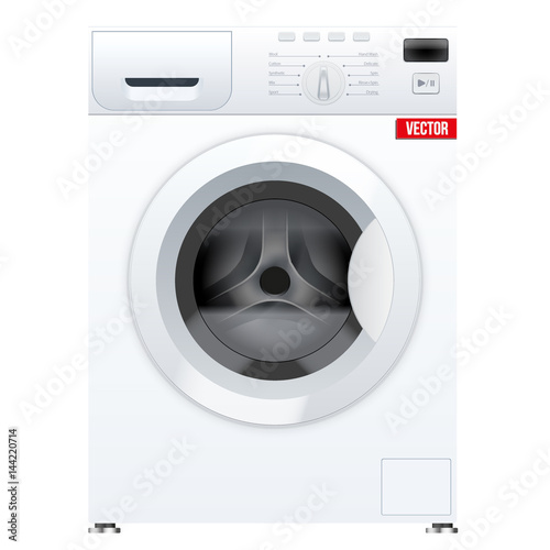 Classic White Washing machine with closed door. Household appliances. Vector Illustration isolated on background.