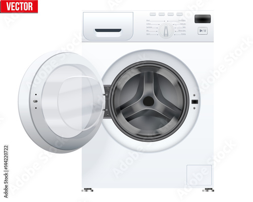 Classic White Washing machine with opened door. Household appliances. Vector Illustration isolated on background.
