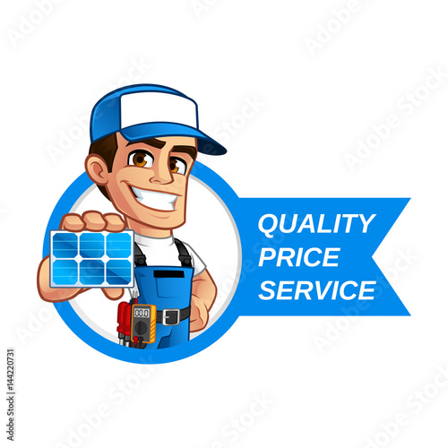 Friendly technician installer of solar panels, he wears a belt with tools