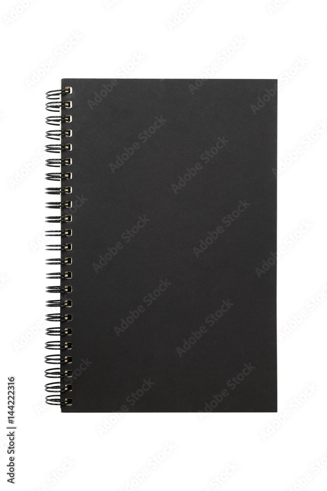 Black cover of notebook isolated on white background. Clipping paths included.