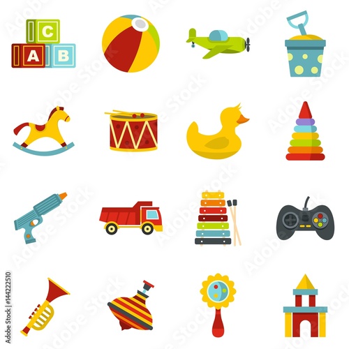 Different kids toys icons set in flat style