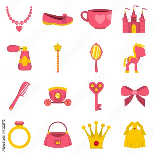 Doll princess items icons set in flat style