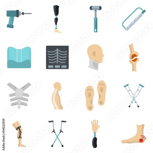 Orthopedics prosthetics icons set in flat style