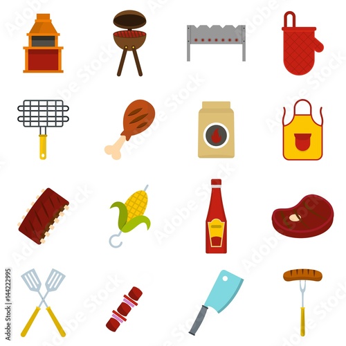 BBQ food icons set in flat style