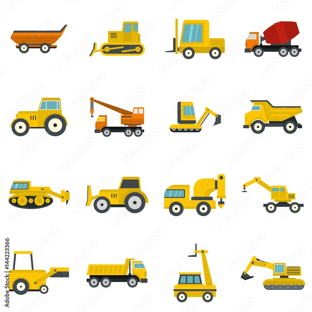 Building vehicles icons set in flat style Building vehicles icons set in flat style