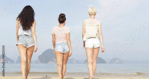 Girls Walking On Beach Back Rear View, Young Women Group Wearing Shorts Slow Motion 60