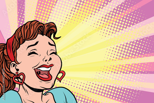young woman laughs, style pop art poster photo