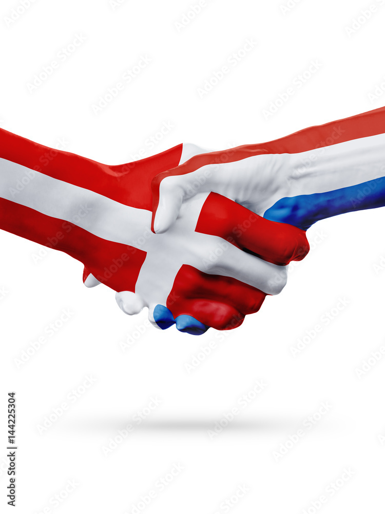 Flags Denmark, Netherlands countries, partnership friendship handshake concept. Flags Denmark, Netherlands countries, partnership friendship handshake concept.