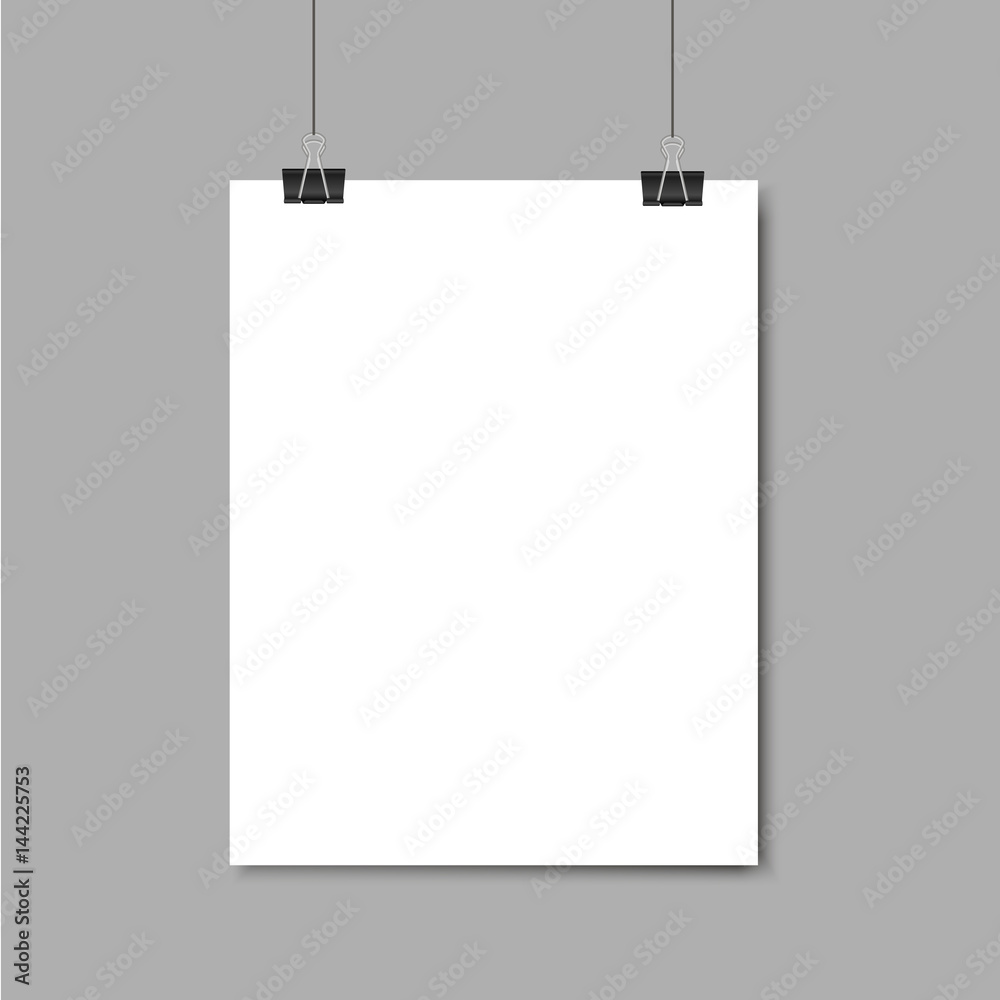 Empty paper frame mockup hanging with paper clip on grey background. Raster copy of vector file. Empty paper frame mockup hanging with paper clip on grey background. Raster copy of vector file.