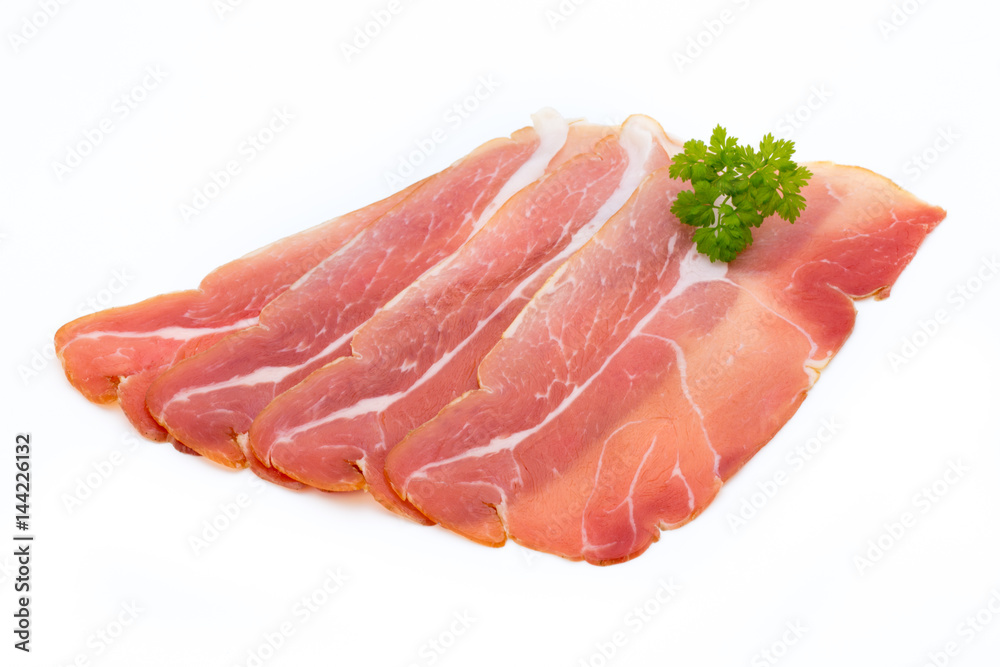 Pork ham slices isolated on white background.