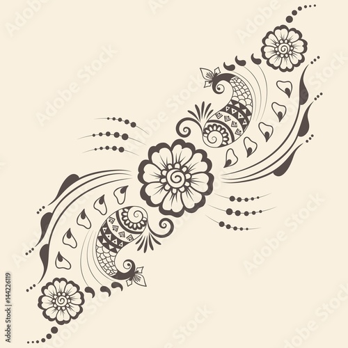Vector illustration of mehndi ornament. Traditional indian style, ornamental floral elements for henna tattoo, stickers, mehndi and yoga design, cards and prints. Abstract floral vector illustration.