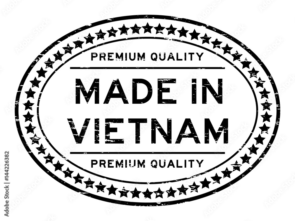 Grunge black premium quality made in Vietnam oval rubber seal stamp on white background Grunge black premium quality made in Vietnam oval rubber seal stamp on white background