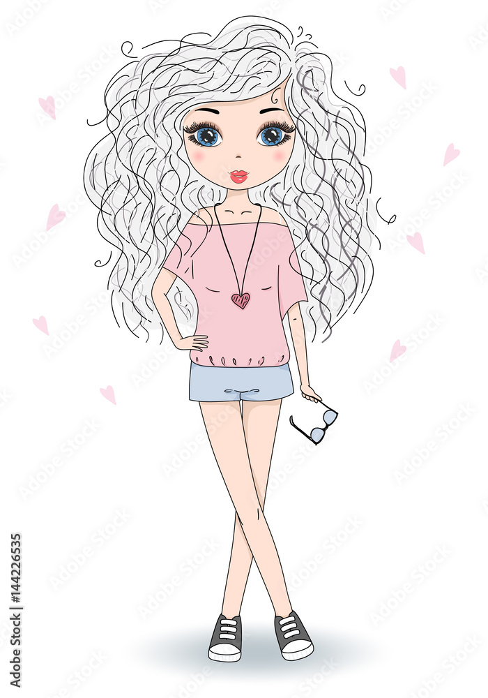 Hand drawn cute fashion cartoon girl. Vector illustration. Hand drawn cute fashion cartoon girl. Vector illustration.