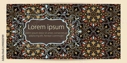 Wedding invitation and announcement card with ornament in Arabian style. Arabesque pattern. Eastern ethnic ornament. Elegant texture for backgrounds. Design template.