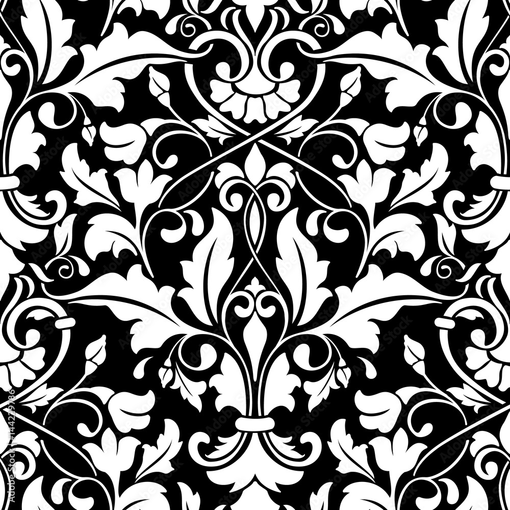 Obraz premium Vector damask seamless pattern element. Classical luxury old fashioned damask ornament, royal victorian seamless texture for wallpapers, textile, wrapping. Exquisite floral baroque template.