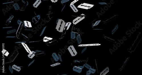 Razor blades storm / 3D animation of spinning razor blades drifting across screen