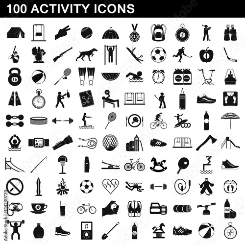 100 activity icons set, simple style