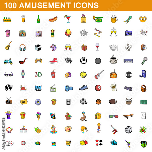 100 amusement icons set, cartoon style 