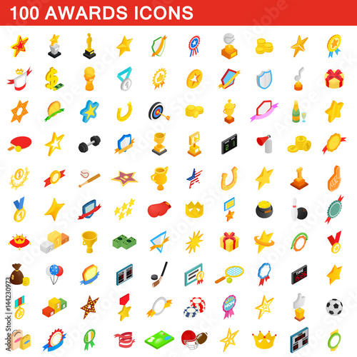 100 awards icons set, isometric 3d style