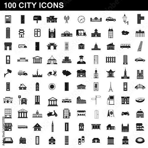 100 city icons set, simple style