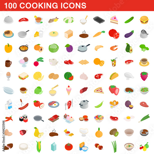 100 cooking icons set, isometric 3d style