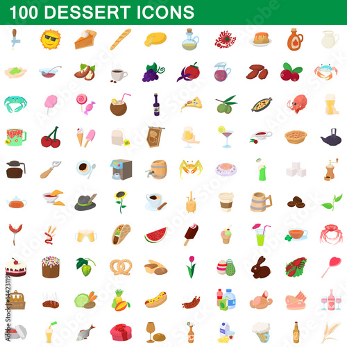 100 dessert icons set, cartoon style