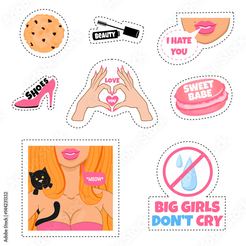 Fashion stickers, patch, pins on a white background. Trendy vector set with girls, cat, cookies, macaroons, shoes and titles: sweet babe, big girls don't cry, love you and i hate you.