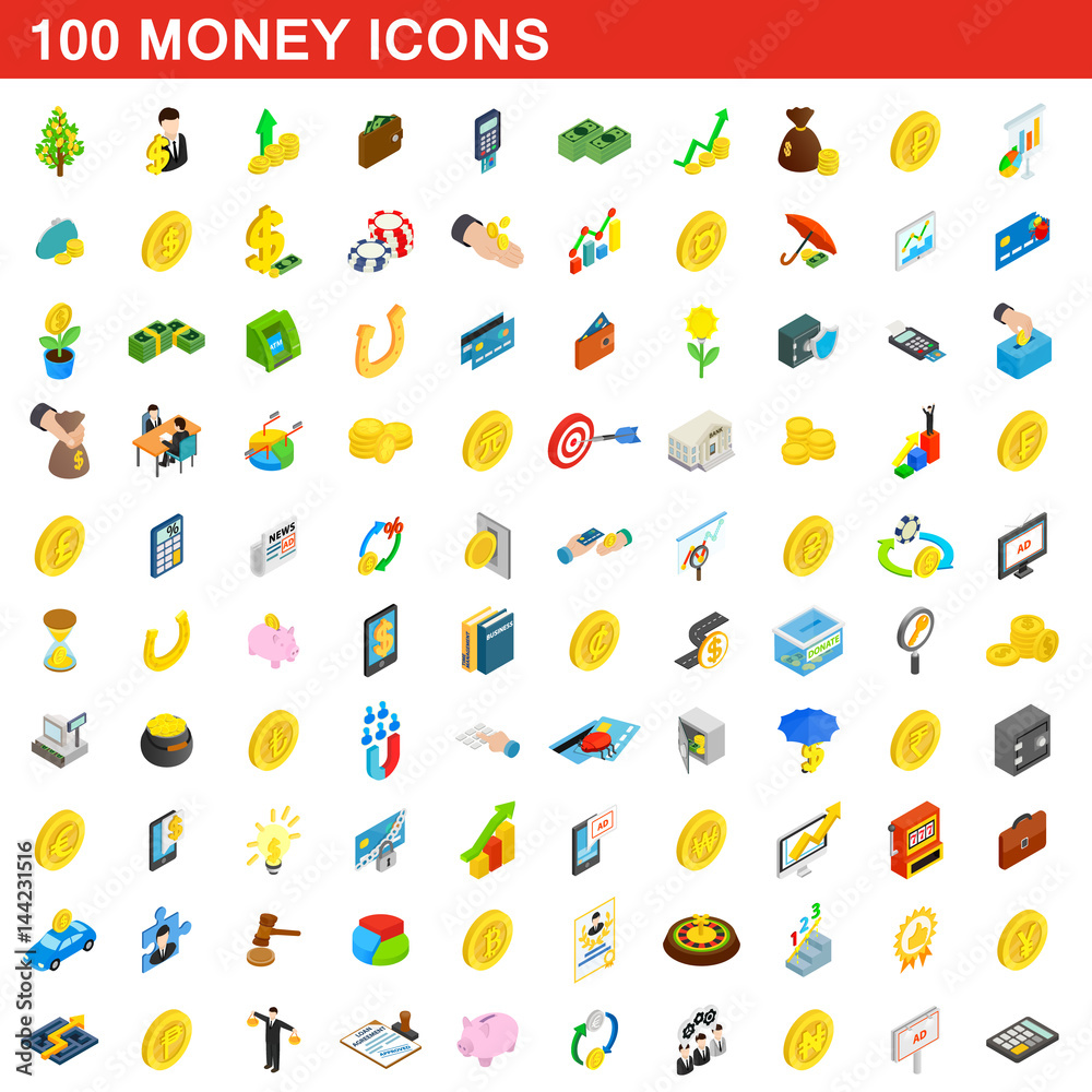 Fototapeta premium 100 money icons set, isometric 3d style