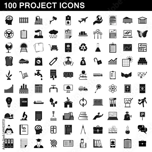 100 project icons set, simple style