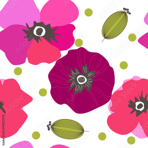 Fototapeta Naklejka Na Ścianę i Meble -  Seamless pattern poppy flowers. Spray paint. Drawing by hand in vintage style
