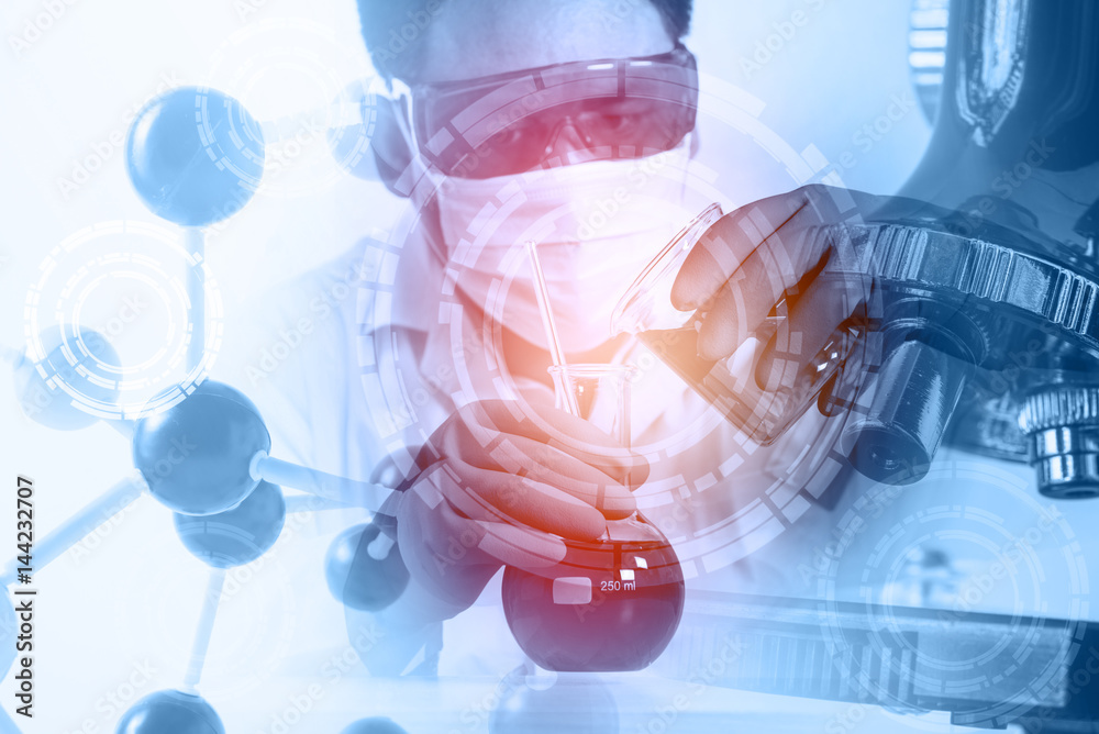Double exposure of scientist,microscope and laboratory test tube , science research concept Double exposure of scientist,microscope and laboratory test tube , science research concept