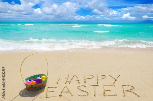Sign "Happy Easter" with basket on the beach