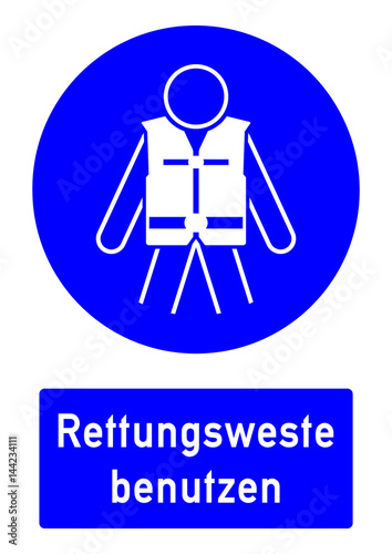 cshas515 CombiSignHealthAndSafety cshas - German / Gebotszeichen: Rettungsweste benutzen - english / safety - mandatory action sign: lifejackets must be worn - swim vest - DIN A2 A3 - g5195