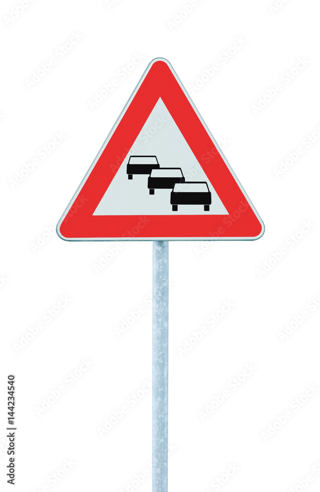 Traffic jam queues likely road sign, expect delays ahead warning isolated, traffic congestion symbol, red triangle, large detailed vertical closeup Traffic jam queues likely road sign, expect delays ahead warning isolated, traffic congestion symbol, red triangle, large detailed vertical closeup