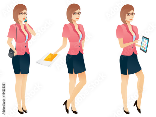 Cartoon sexy young business woman or secretary in various poses.