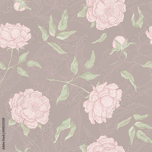 Vector pastel seamless pattern of flowers. Blooming peony with an open and a closed bud, leaves and twigs. Graphic illustration for wallpaper or textile