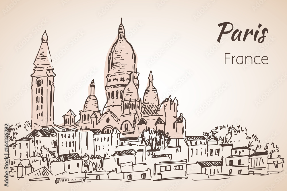 Naklejka premium Paris cityspace. Basilique du Sacre-Coeur on Montmartre. Sketch.
