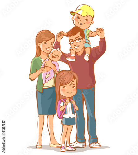 Mother with little baby, father with son on shoulders, teenager daughter standing. Mom, dad, sister, brother, standing isolated.