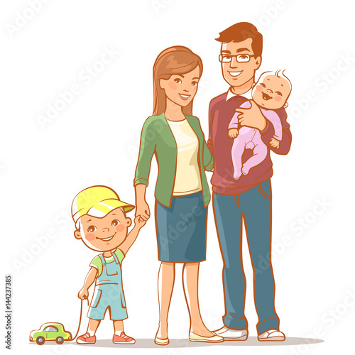 Family portrait. Father, mother, baby, son together. Young woman with five year old boy, man holding little baby girl. Parents and children. Vector illustration.