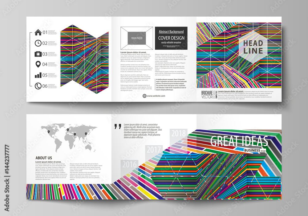Set of business templates for tri fold square design brochures. Leaflet cover, abstract vector layout. Bright color lines, colorful style with geometric shapes forming beautiful minimalist background.