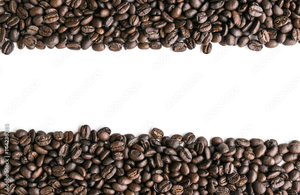 Coffee beans are arranged in a row image with copy space. Coffee beans are arranged in a row image with copy space.