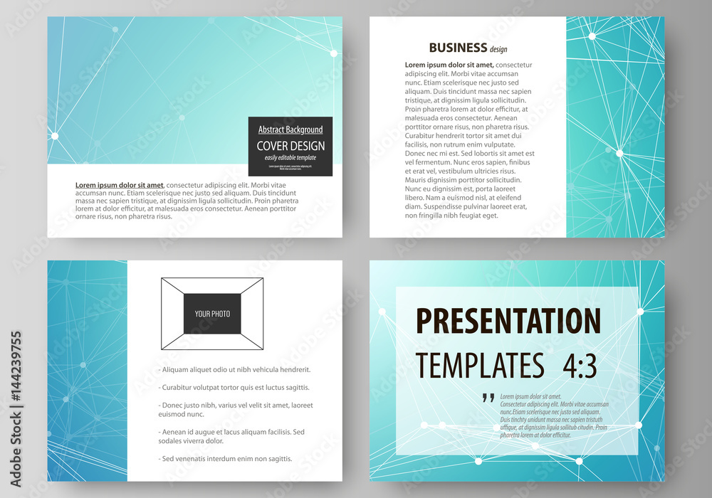 Set of business templates for presentation slides. Abstract vector layouts in flat design. Chemistry pattern, connecting lines and dots, molecule structure, medical DNA research. Medicine concept.