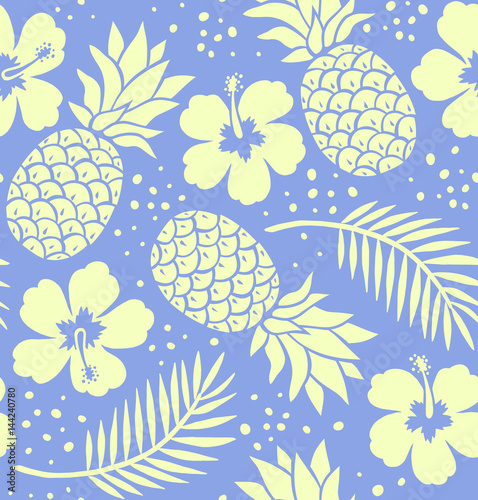 Seamless pineapple and hibiscus pattern. Navy blue.
